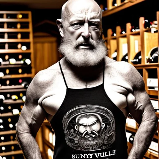 burly ugly 58 year old man bald with short beard and tank top manly chest chooses a bottle of wine in a cellar full of wine bottles dramatic light angry eyes highly detailed