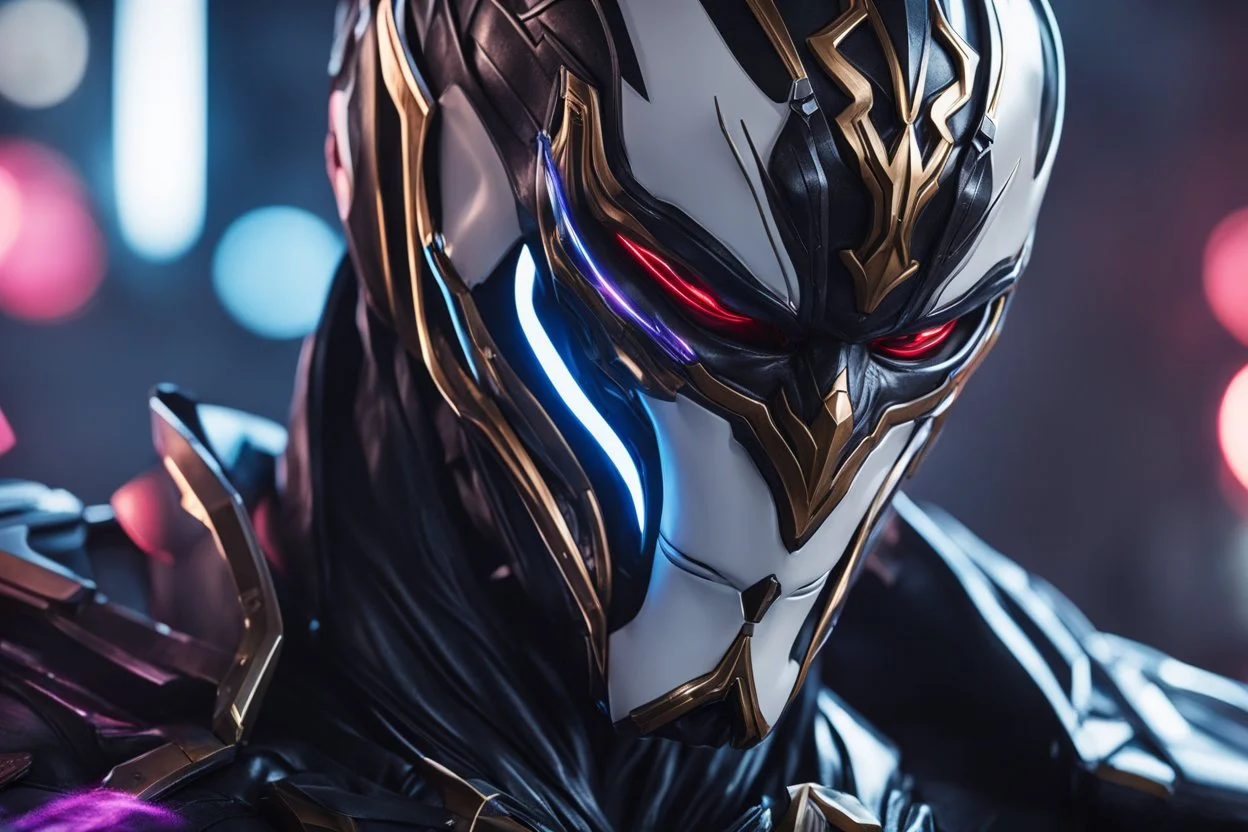 Jhin venom in 8k live action artstyle, white mask, normal eyes, wapen, close picture, neon lights, intricate details, highly detailed, high details, detailed portrait, masterpiece,ultra detailed, ultra quality