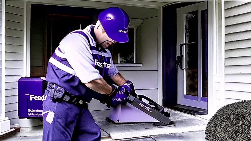 fedex driver with a chainsaw at the front door