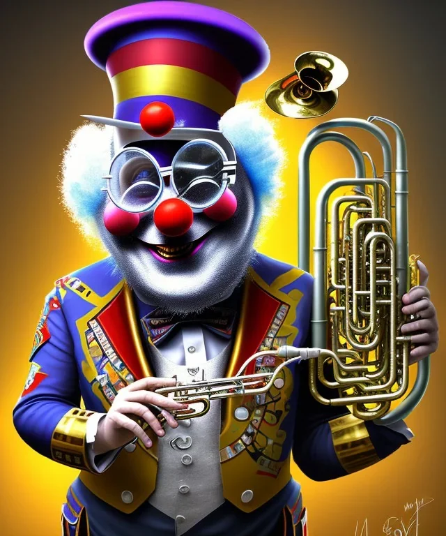 mechanoid old friendly fat clown with short beard playing jazz with a steampunk theme, trumpet, realistic