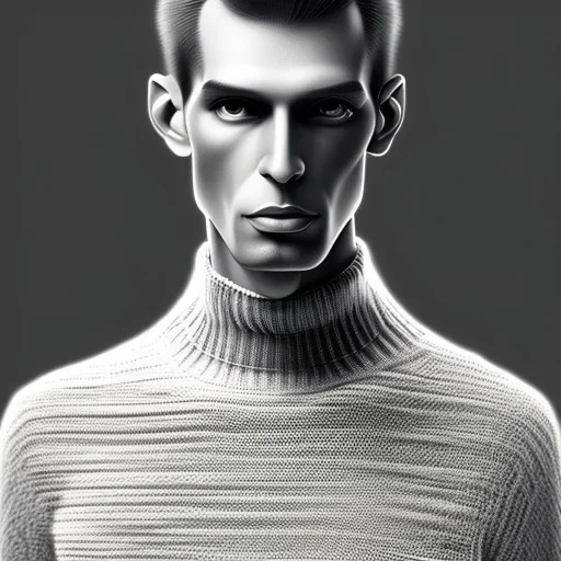 a full picture of a tall skinny man with short dry hair wearing a knitted sweater