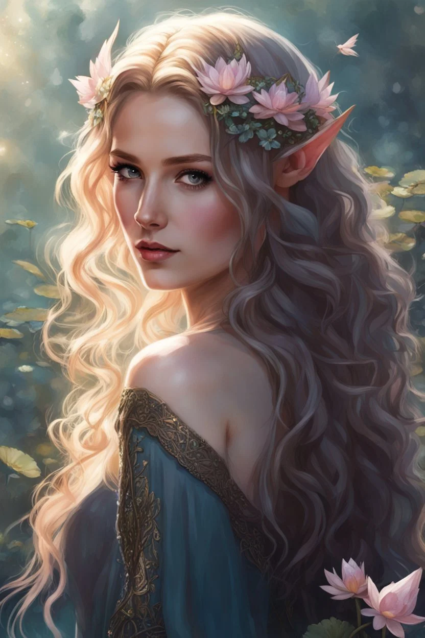 Pink flower crown,Pointed elven ears,Blonde hair ,Pink dress,Sparkling fairy wings,Very long golden hair,Fairy crown,pointed ears,elven ears,fairy wings,water lilies,sparkling,glittering,flowers,blossoms,golden crown,light pink dress