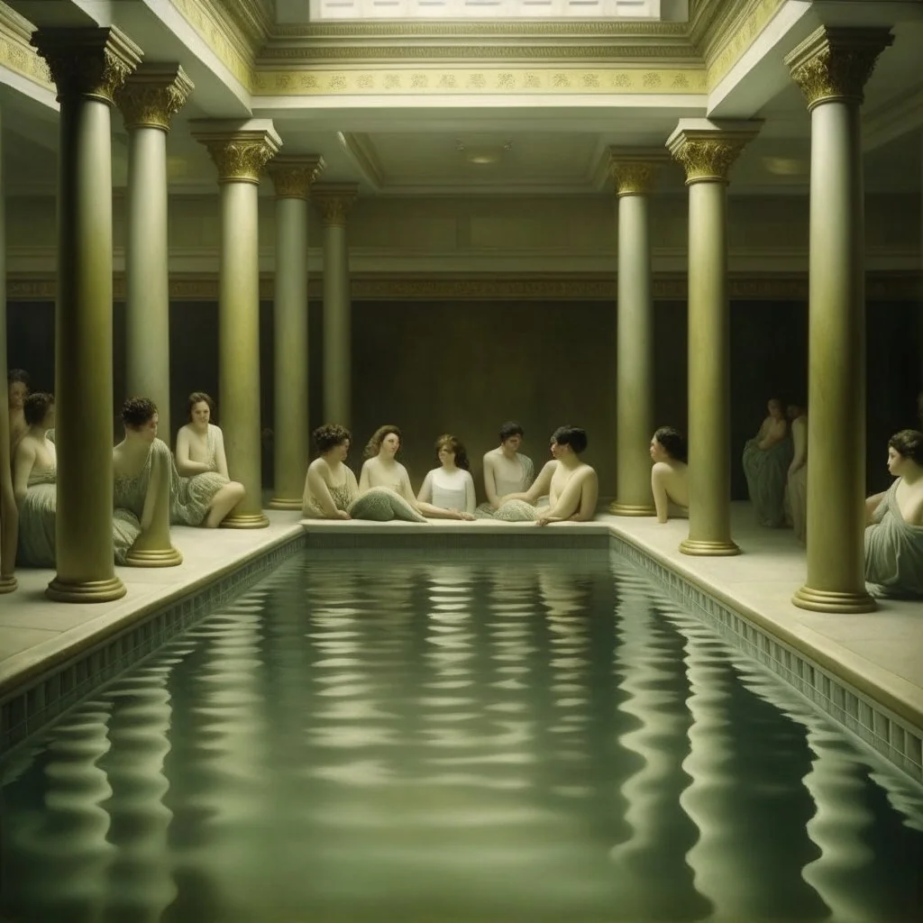 People in a swimming-pool, in the style of Lawrence Alma-Tadema