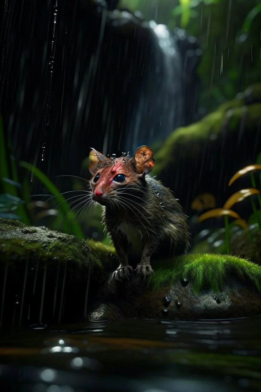 rat cat lost beauty contest through dark clouds, portrait in weird waterfall in front of rock column on bumpy road in moist swamp planet , photo-realistic, shot on Hasselblad h6d-400c, zeiss prime lens, bokeh like f/0.8, tilt-shift lens 8k, high detail, smooth render, down-light, unreal eng