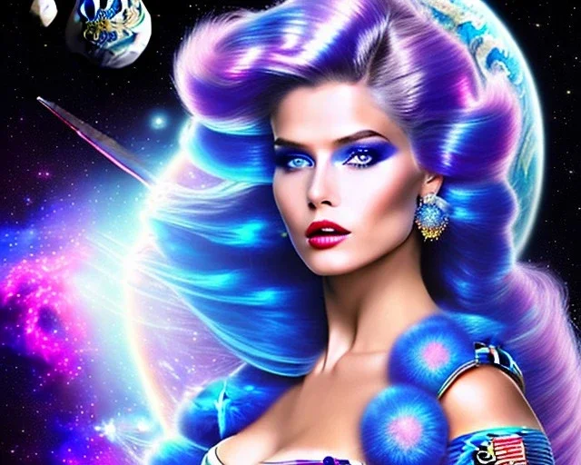 jolie femme galactique cosmonaute avec longs cheveux violets dans un paysage cosmique avec ufos - joli visage souriant et beau corps bien formé , beaux yeux bleus - grandes ailes bleu ciel , ciel bleu fleurs blanches et roses. robe en soie, jolies dents, jolis yeux, picture precise and hight quality,ambiance rose pÂle, combinaison de cosmonaute, le sourire est important. voir rire