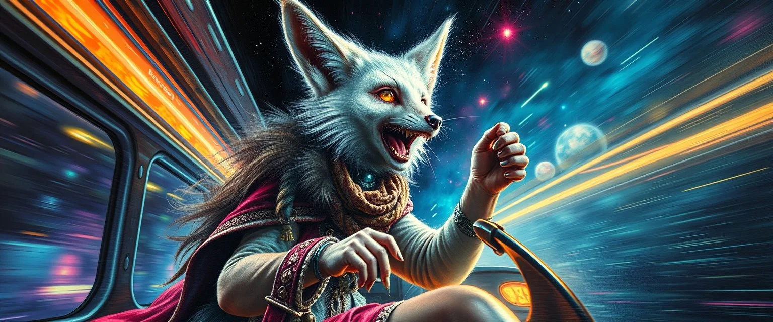 master oil painting by Rembrandt, scary ai sami white fox gremlin woman captain on space buss through space neon comet shower , motion blur background, goa trance poster