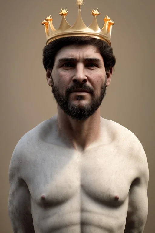 Ultra Realistic image, classic sculpture, white marble material, young Maradona, gold crown of natural thorns, god crown, gold veins, gold ornaments, Renaissance style, sun rays background, waist up portrait, epic, celestial, cinematic lighting, God lights, 4k resolution, smooth details, soft lighting, unreal engine 5, art station, substance 3d.