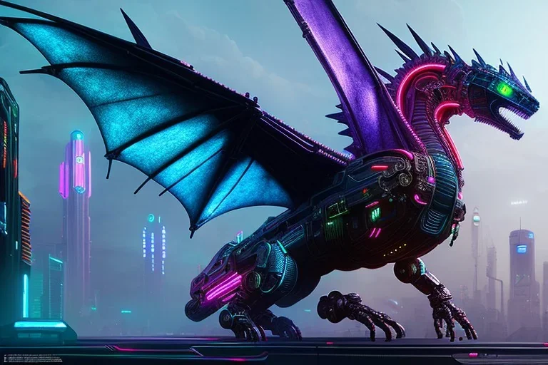 cyberpunk dragon, cyberpunk, full body, realistic, intricately detailed, neon lighting, vivid colors, neon, futuristic, meticulously detailed