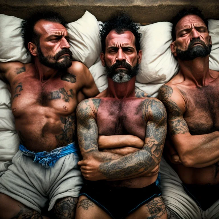 close up 35mm lens, top view of three gipsy prisoners 45 years old sleeping laying down inside a dirty jail, ugly, bullneck, strong beefy, in tank top, manly chest, tattoo, misery and poverty, photorealistic, ultradetailed, 32keyes