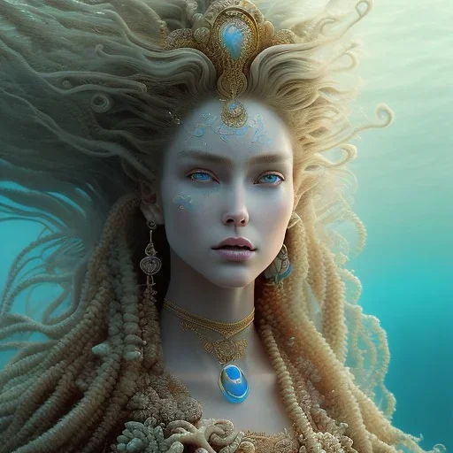 high-quality, fine-detail close-up portrait of gorgeous, stunning goddess of the ocean with turbulent waves as hair and coral reef exoskeleton, 8k resolution, 3D octane render, intricate, digital art, detailed matte, volumetric lighting, George Grie, Anne Dittman, Anne Stokes, Lisa Parker, Selina French,