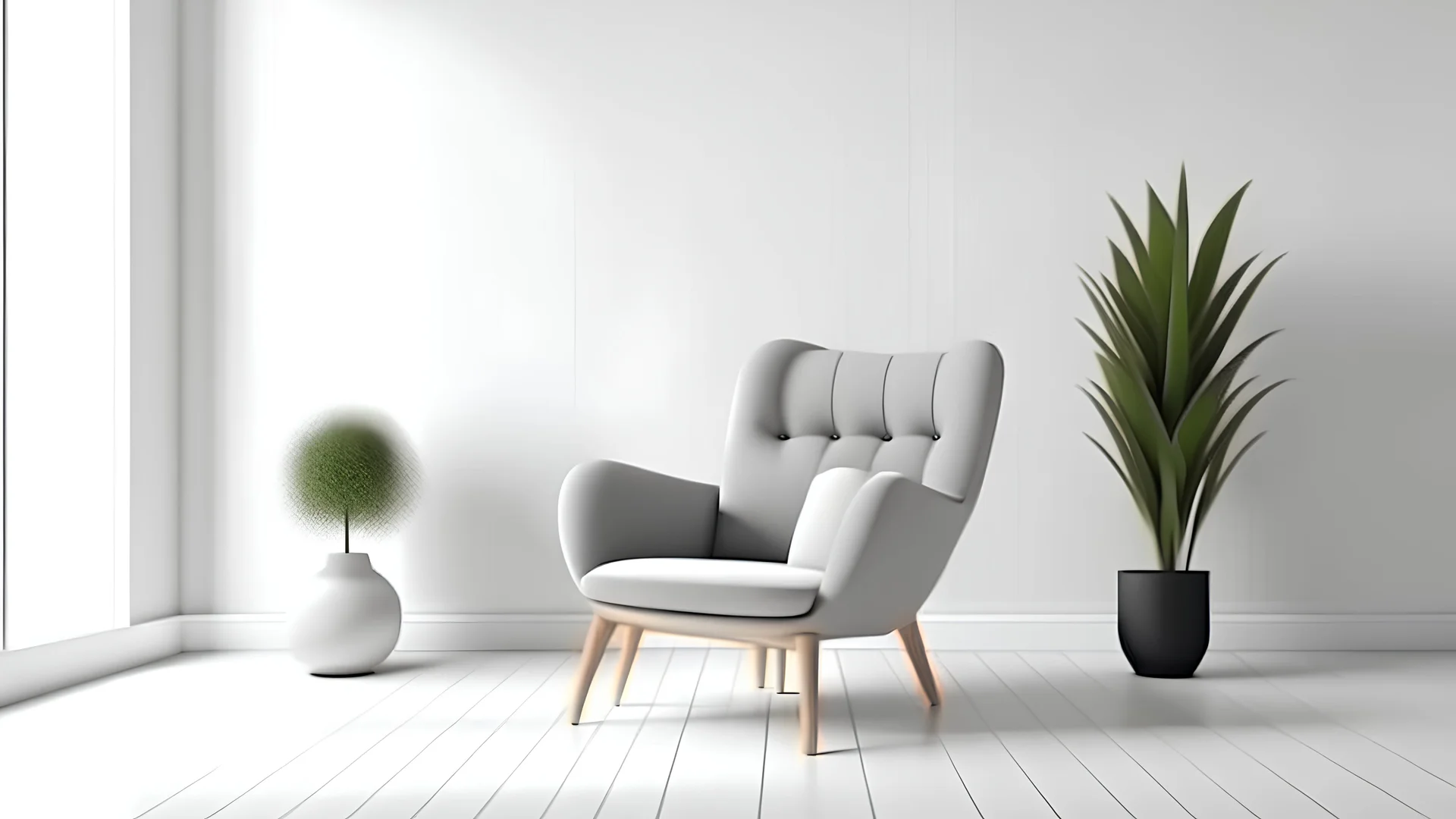 Scandinavian living room with gray armchair on empty white wall background. 3d rendering