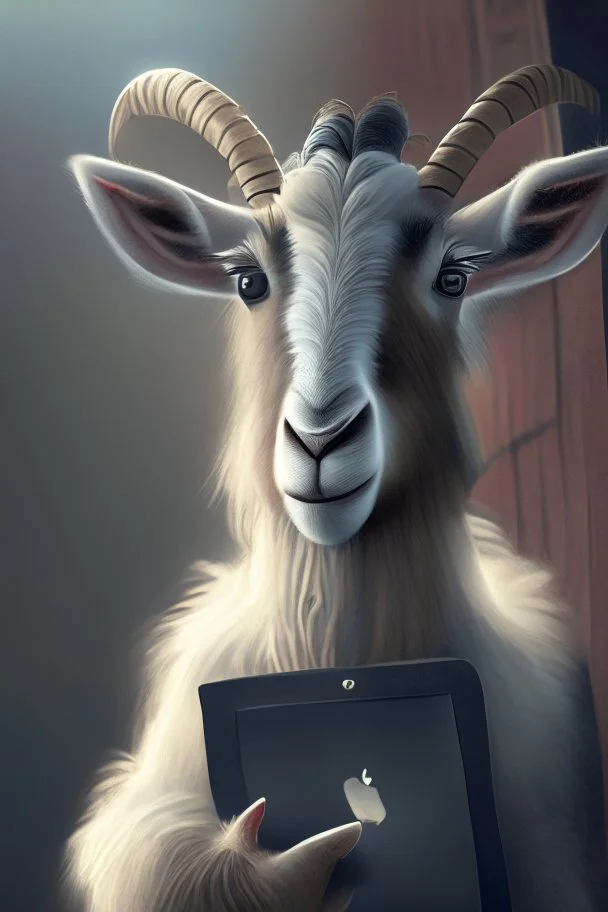 Cute goat holding ipad, dramatic lighting, matte painting, highly detailed, cgsociety, hyperrealistic, --no dof, --ar 2:1