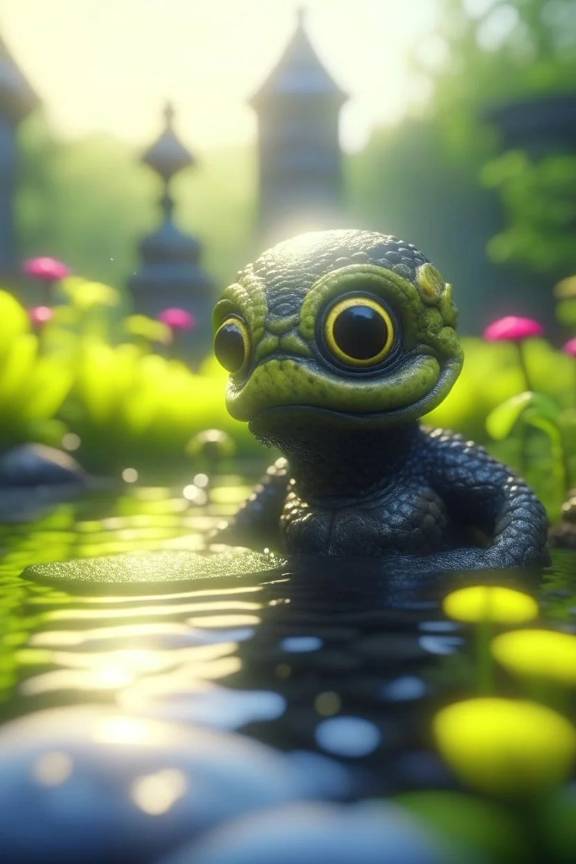 evil snake head, adorable cute chat priest robot with short punk hair and real human reflective eyes, fluffy floating in pond in garden of st. Barbara cathedral, its such a perfect day, motion blur, smoke, 8k, downlight, soft light, depth of field, photorealism, trending on art station, lotsa detail