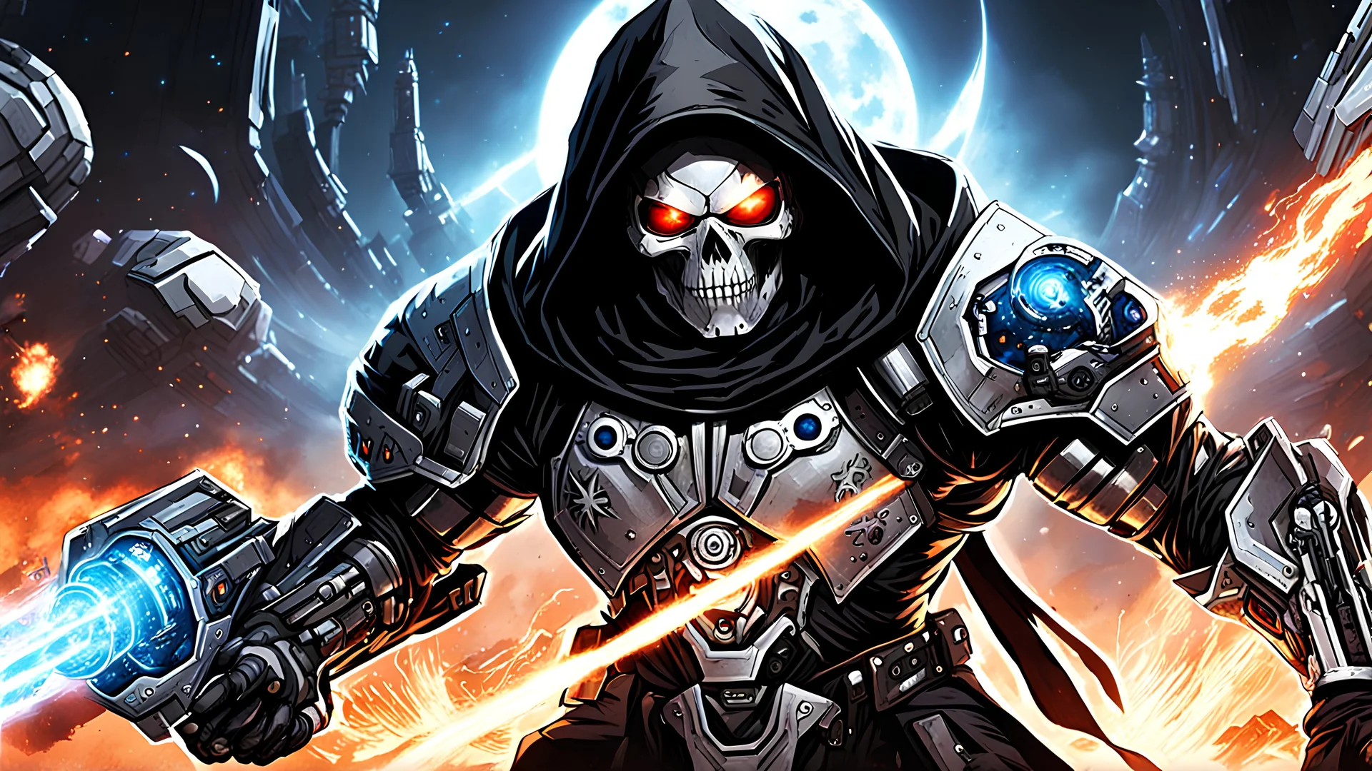 Cyborg-Sorcerer in powered space armor, hooded and cloaked in black with a stylized skull as a faceplate is armed with a powerful energy cannon and advances on the enemy on a futuristic battleground; [Wide-Shot action art]; [Dynamic Lighting, Cinema Still]