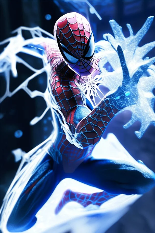 In a stunning composition of animated artistry Spiderman the iconic webslinger is depicted in a mesmerizing pose frozen in time as he forcefully propels his intricately designed spiderweb into the ethereal atmosphere transcending the boundaries of the cinematic world this captivating 3D effect creates an immersive experience that transports us directly into the heart of the action, iconic superhero, frozen in time, mesmerizing pose, 3d effect, Ethereal atmosphere, transcending boundaries, immers