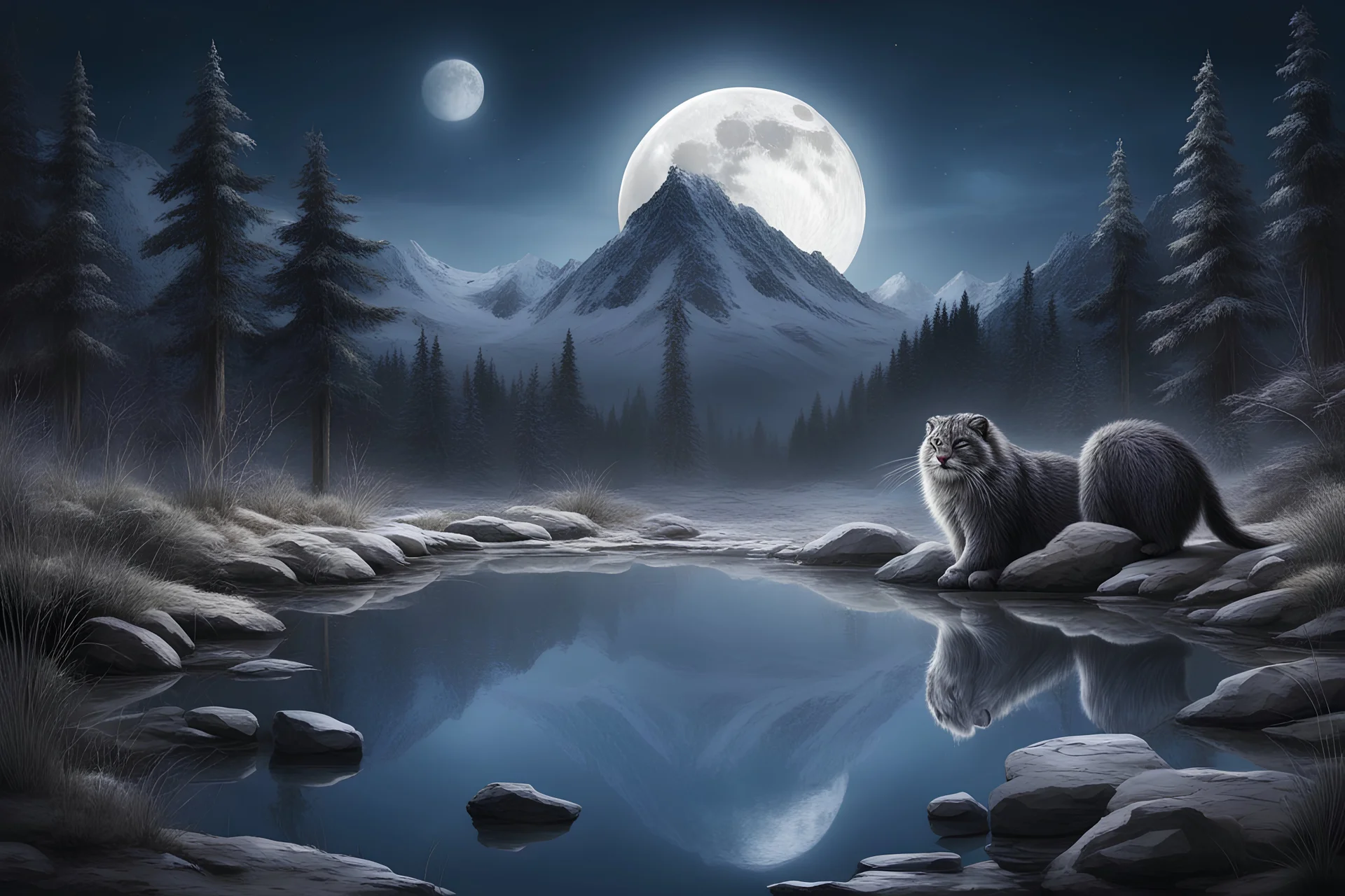 black, blue and white colors, hunting manul, fullmoon, pond, mountain, forest