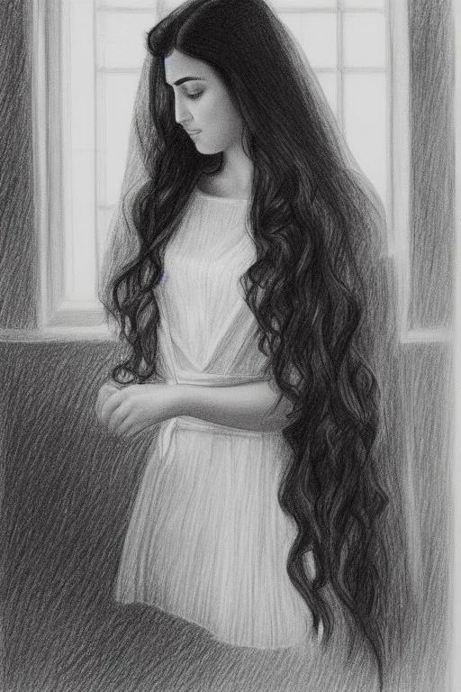 Pencil sketch of Young woman look through the window , Arab features,sad, long wavy hair, full body، on lined paper