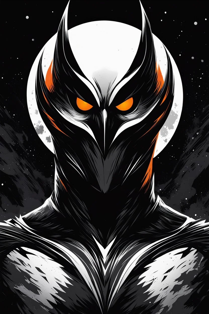 Owlman, comic style artwork, dark black, Orange and white, calm