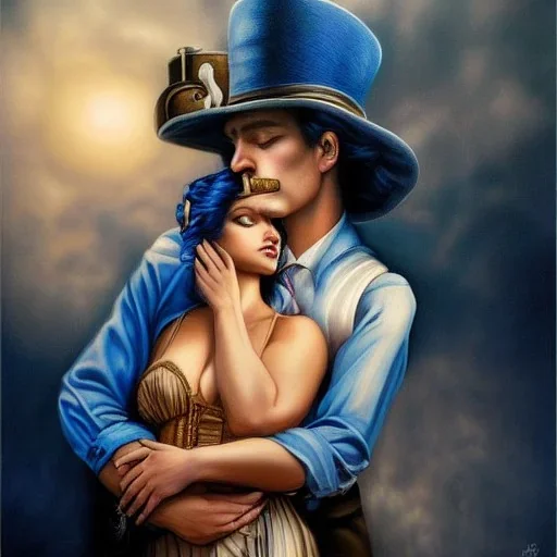 Handsome man holding a crying beautiful lady, steampunk, realistic, intricate, insanely detailed,tears, Catherine Abel style, blue eyes, sunlit, acrylic art