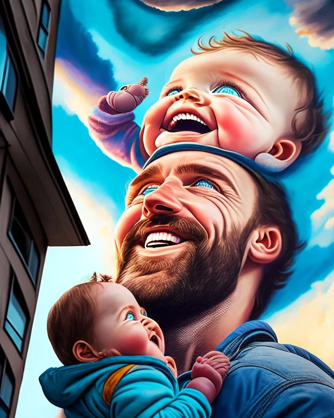 Papá feliz sonriente levantando a su bebé al cielo y mirándolo a los ojos felíz colores contrastantes obra de arte arte callejero impactante detallado hiperrealista 8k coherente