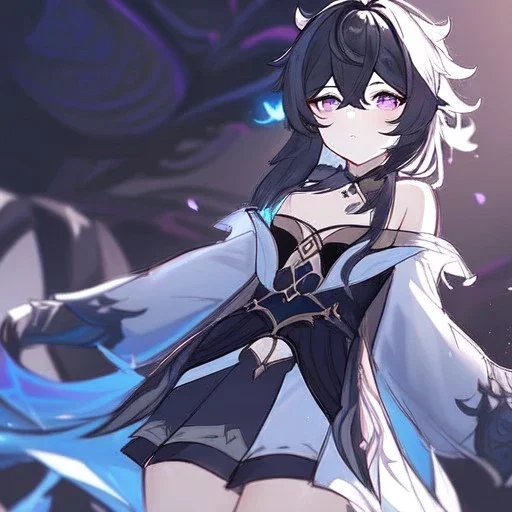 Clear focus, High resolution, rough line sketch art, long black hair, hair between eyes, fluffy hair, purple eyes, wearing a off shoulder shirt, no spaghetti strapes, dark aura, 1girl, wearing a skirt, genshin impact, wearing a little bit revealing outfit