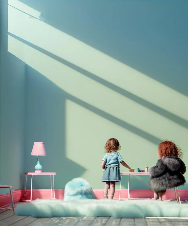 Realistic child room scene. sweet big furry monster sitting. girl from behind. Steven Spielberg style. Red hair, smile, happy, gradient color fog. highly detailed, concept art, unreal engine 5, ray tracing, RTX, lumen lighting, ultra detail, volumetric lighting, 3d, finely drawn, high definition, high resolution.