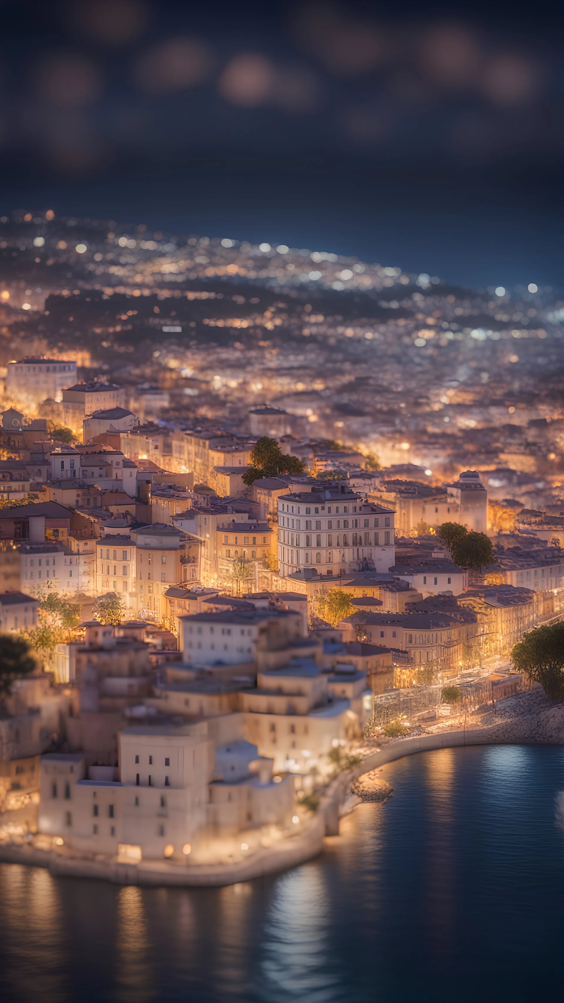 Nice, French Riviera by night , bokeh like f/0.8, tilt-shift lens 8k, high detail, smooth render, down-light, unreal engine, prize winning