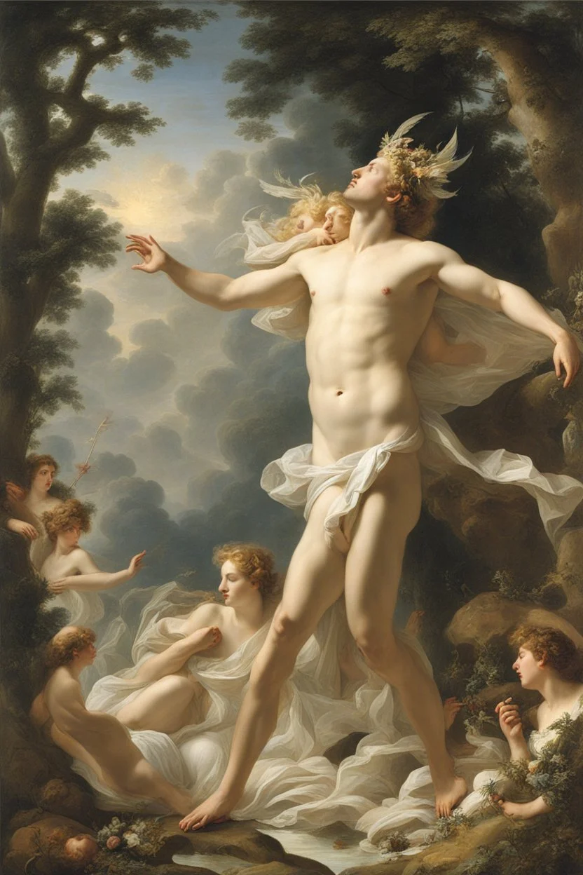 [real model in flesh] In the ancient realm of gods and nymphs, a mesmerizing scene unfolds as Apollo, the divine embodiment of music and light, ardently pursues Daphne, a nymph who resolutely rebukes his amorous advances. The composition brims with an electric energy, as Apollo extends his hand in a desperate attempt to seize Daphne, who, with unyielding determination, strives to elude his clutches. Apollo's resolute pose and unwavering expression vividly convey his relentless pursuit, while Dap