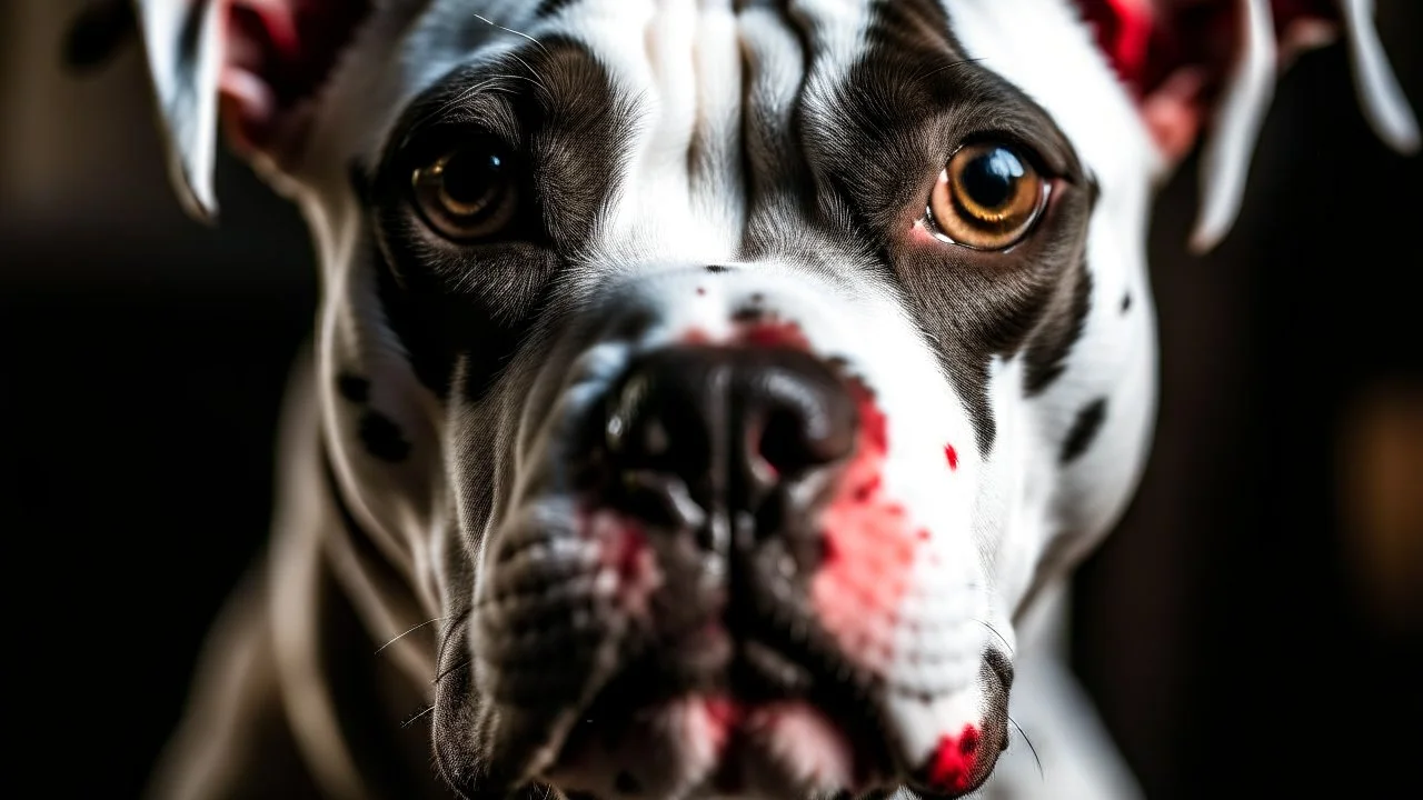 A close-up portrait of a white and black pit bull dog with a serious expression and red markings on its face