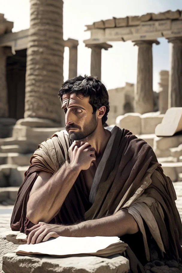 A Roman citizen of the third century, a 30-35-year-old man with kind eyes and a slight smile in poor clothes with a cross around his neck, sits on stones and writes on a papyrus scroll. He is sitting against the background of the ruins of Rome, against the background of the temple of Athena. High-quality 8K image in watercolor technique