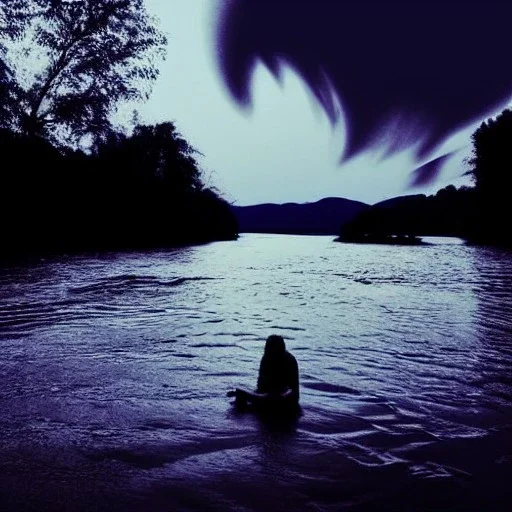 dark human shadow float in sky. scared people. river. river rock . valley . night