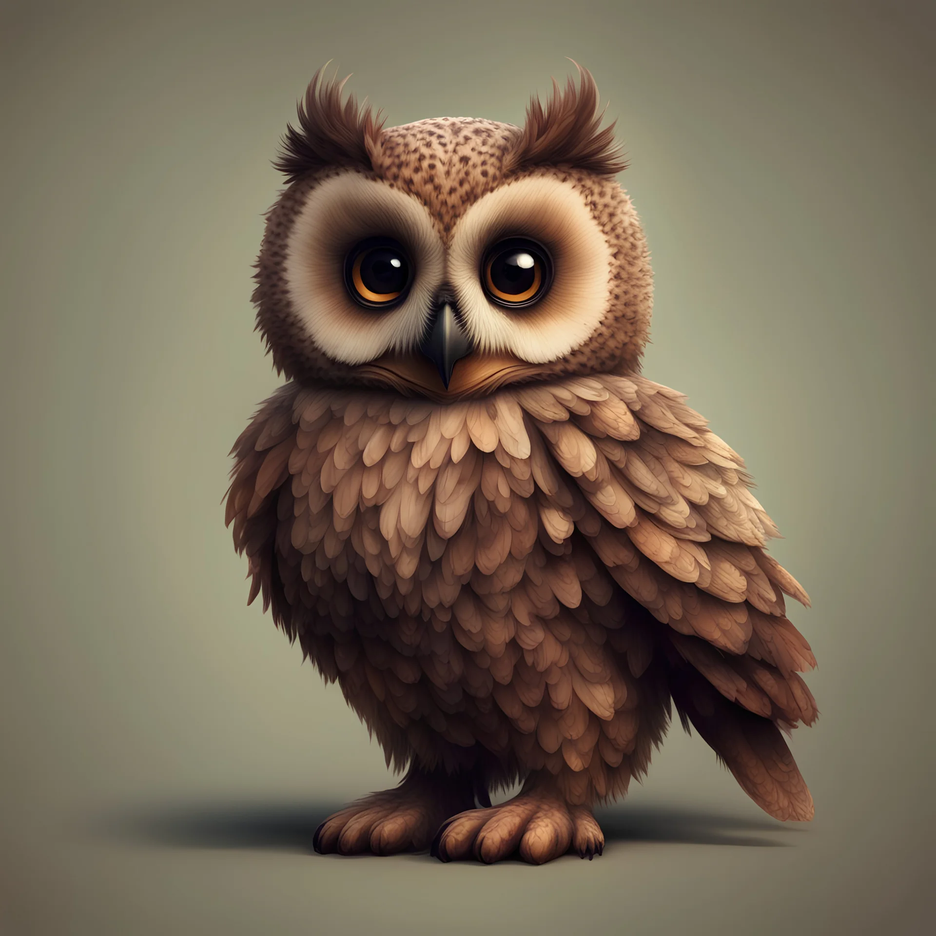 Generate a young brown owl bear with speckled feathers