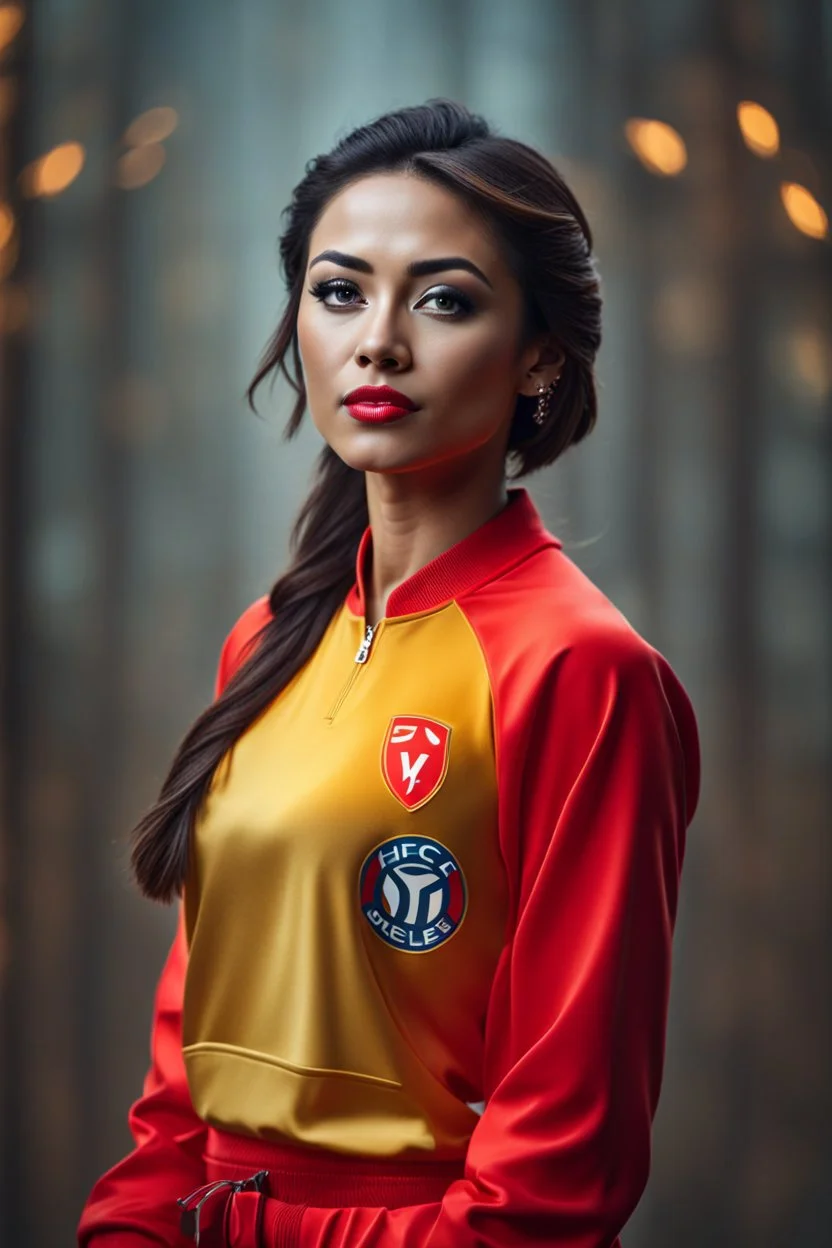 A full-body shot of a beautiful lady wearing sports suit with this logo ,short hair