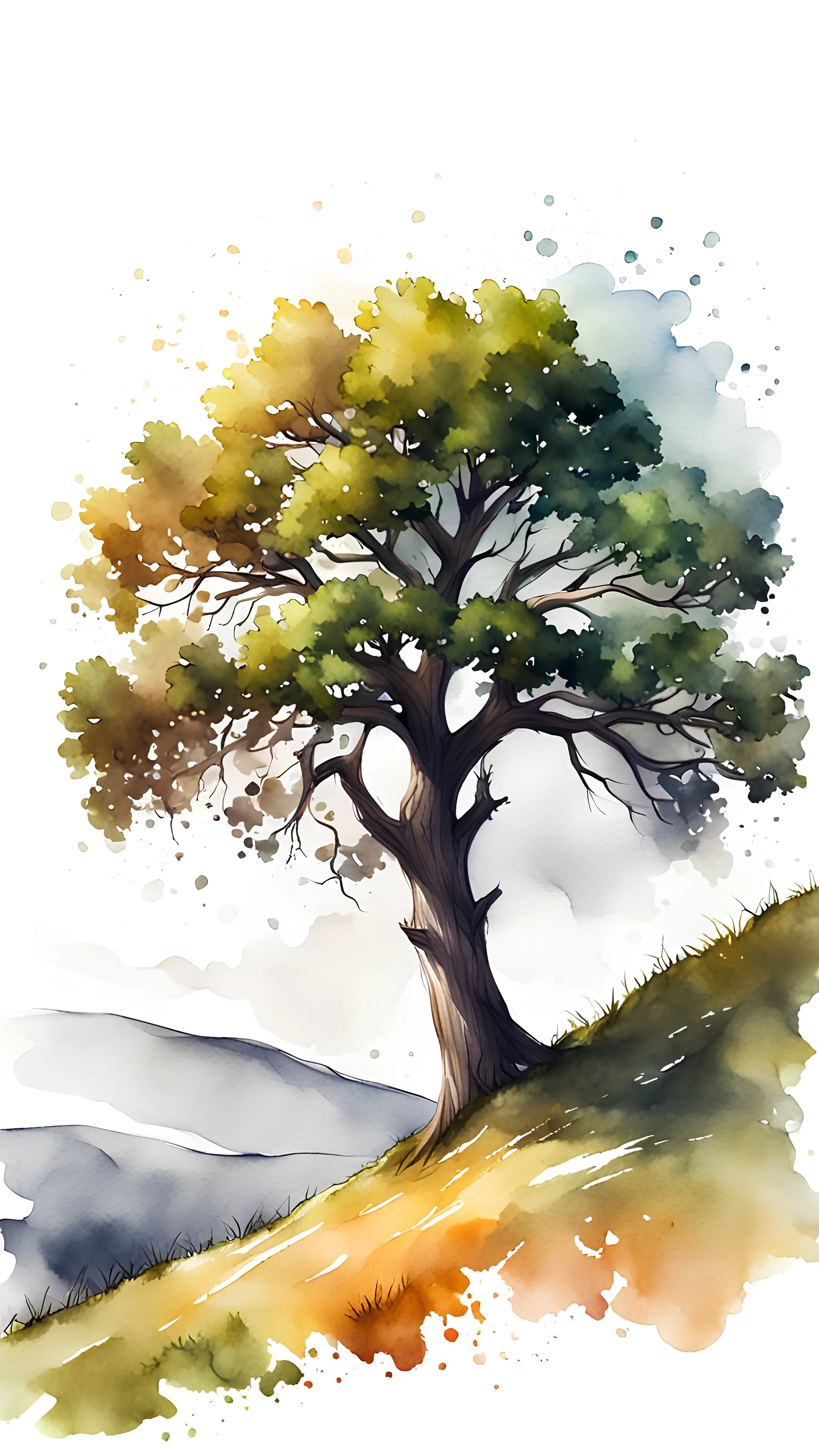 watercolor drawing of an oak tree on a hill on a white background, Trending on Artstation, {creative commons}, fanart, AIart, {Woolitize}, by Charlie Bowater, Illustration, Color Grading, Filmic, Nikon D750, Brenizer Method, Perspective, Depth of Field, Field of View, F/2.8, Lens Flare, Tonal Colors, 8K, Full-HD, ProPhoto RGB, Perfectionism, Rim Lighting, Natural Lighting, Soft Lig