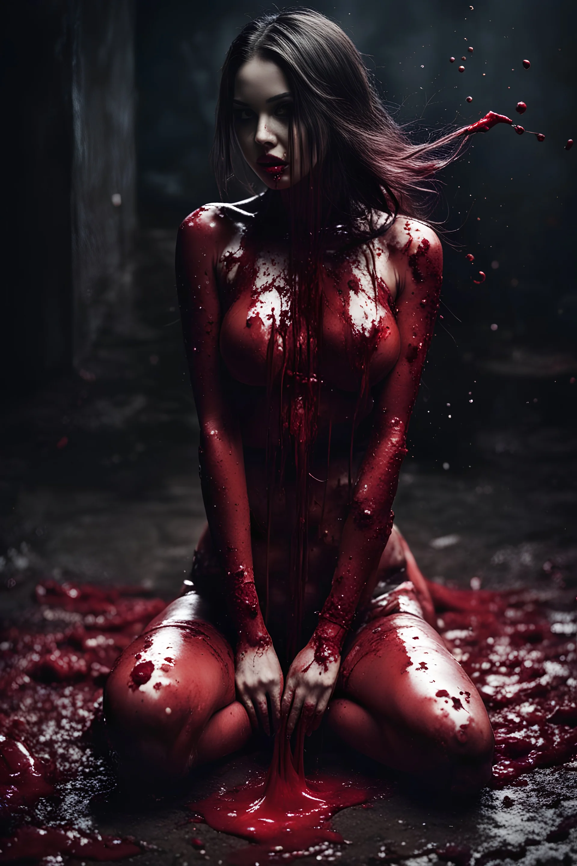 Petit woman with many guts from his body, sit pose, fullbody, splashes blood, behind guts rising from the ground, darkred tones, macro photography,