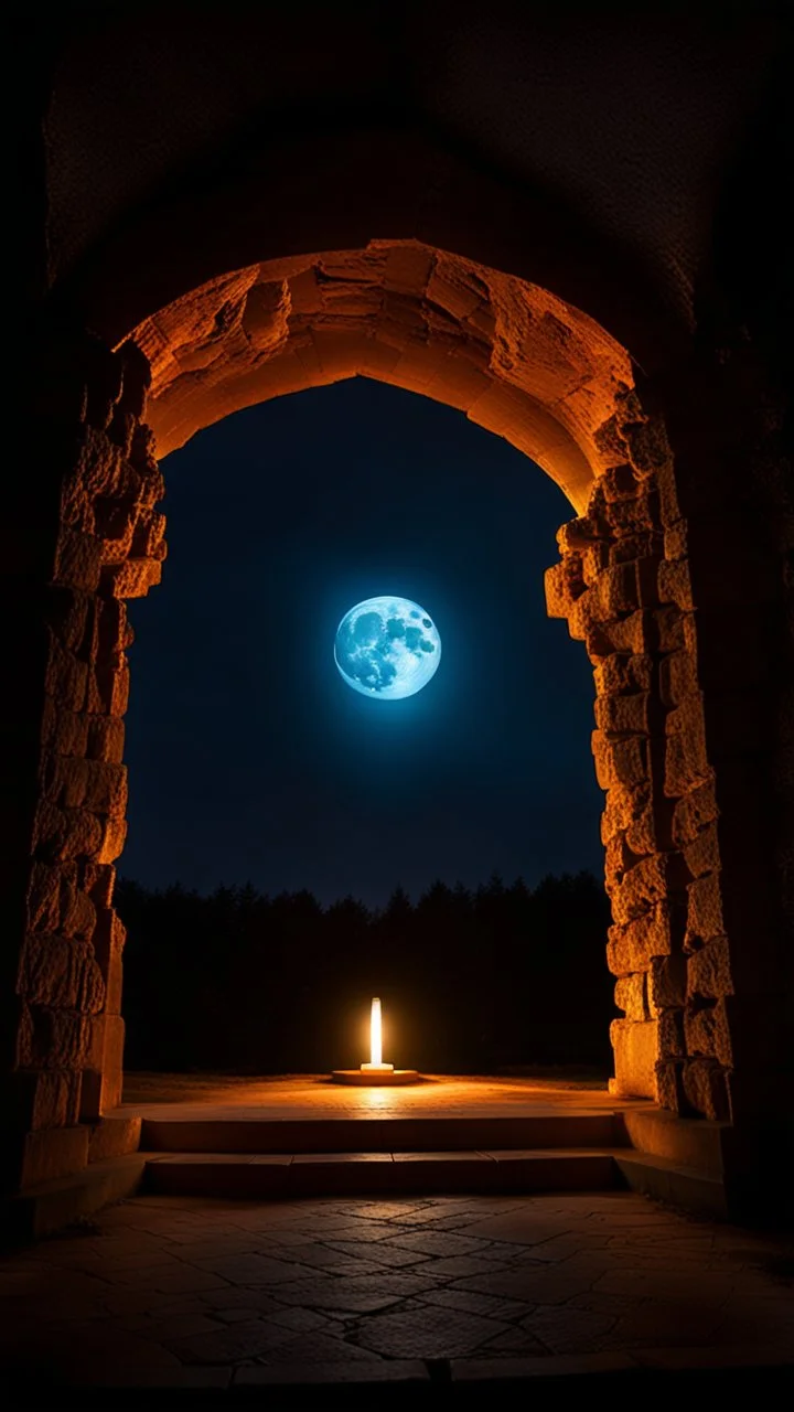 Stone moongate glowing at night under a full moon dark fantasy