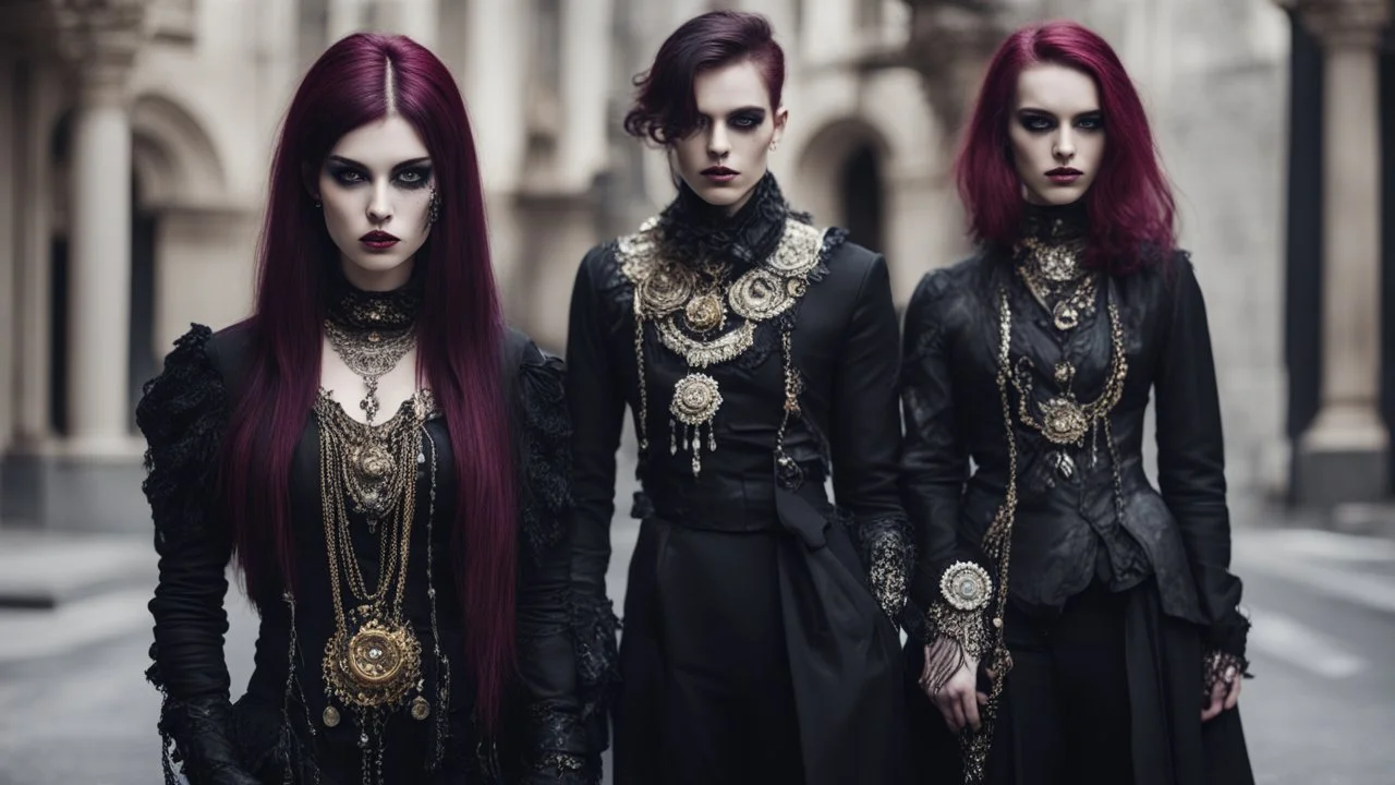 goth fashion, women and men in nice goth clothes and jewelry, black, silver, gold, burgundy fashion colors, High detailed, sharp focus, looking at the camera, cinematic, masterpiece, high realistic, fashion photo