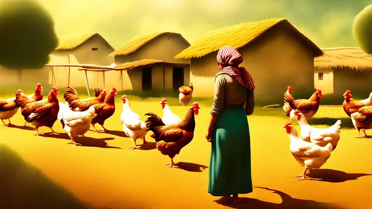 eurepean young village woman in a long village cloth with head scarf back to the camera feeding chickens in the yard, Photorealistic scene, ultra detailed, high realistic, epic, perfect photo