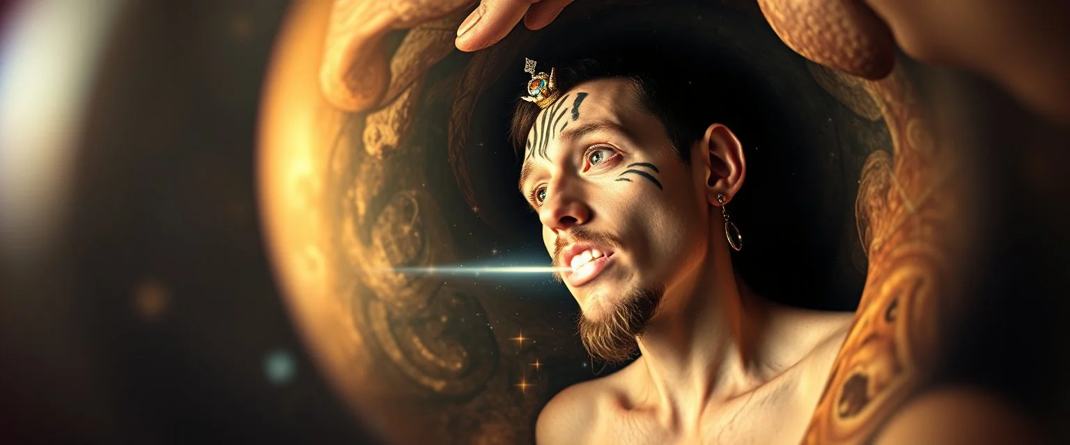 pinhole pic into 4th dimension ,awake within a dream, portrait of ascended chakra tooth fairy blaster, master oil painting by Rembrandt, escape route from our dimensions, hidden even to the zebra worm hole inside crystal ball, with ear rings from saturn, looking like keith flint, rip