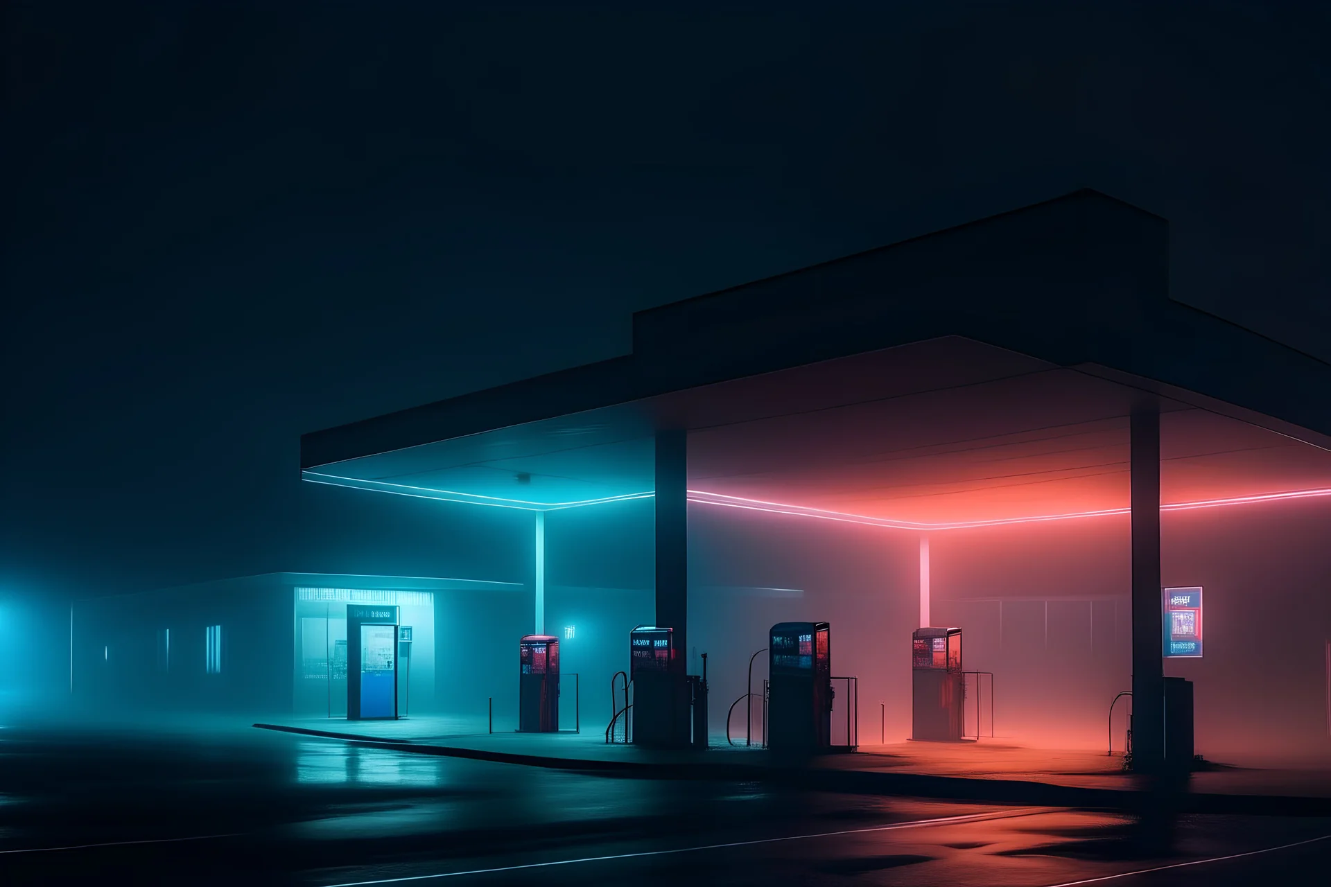 late night view of a gas station with neon lights and fog