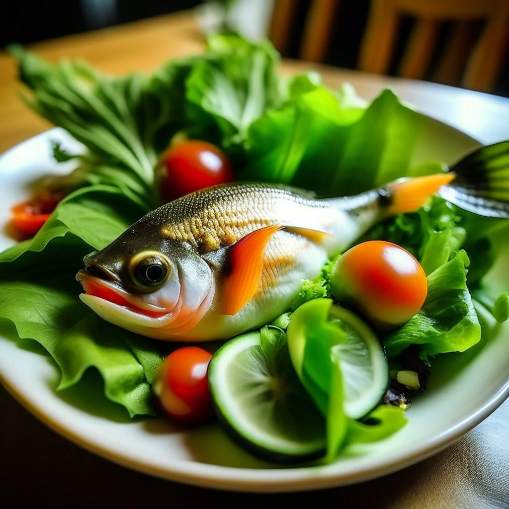 a fish eating salad