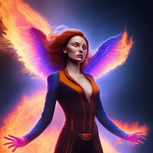 Dark Phoenix, X-Men , Jean Gray. hyperfantastic,hyperscifi,unreal engine.best colours,deep purple . fire theme .blue neon smoke.cinamatic,full cinematic lights.beautiful body details,beautiful face details,8k,