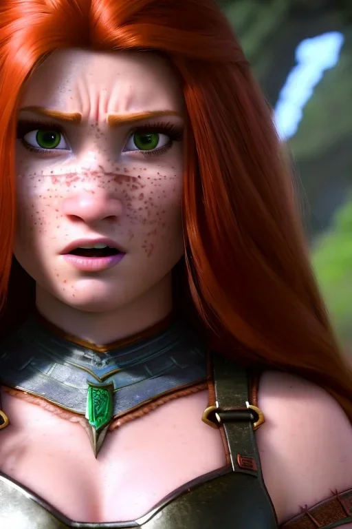 hyper realist, hyper detailed, stunningly beautiful teen woman, long ginger hair, green eyes, medium freckles, full lips, skimpy fantasy intricate leather armour, full body and head, c-cup breasts, shocked expression, centred camera, full frame, petite, centered camera