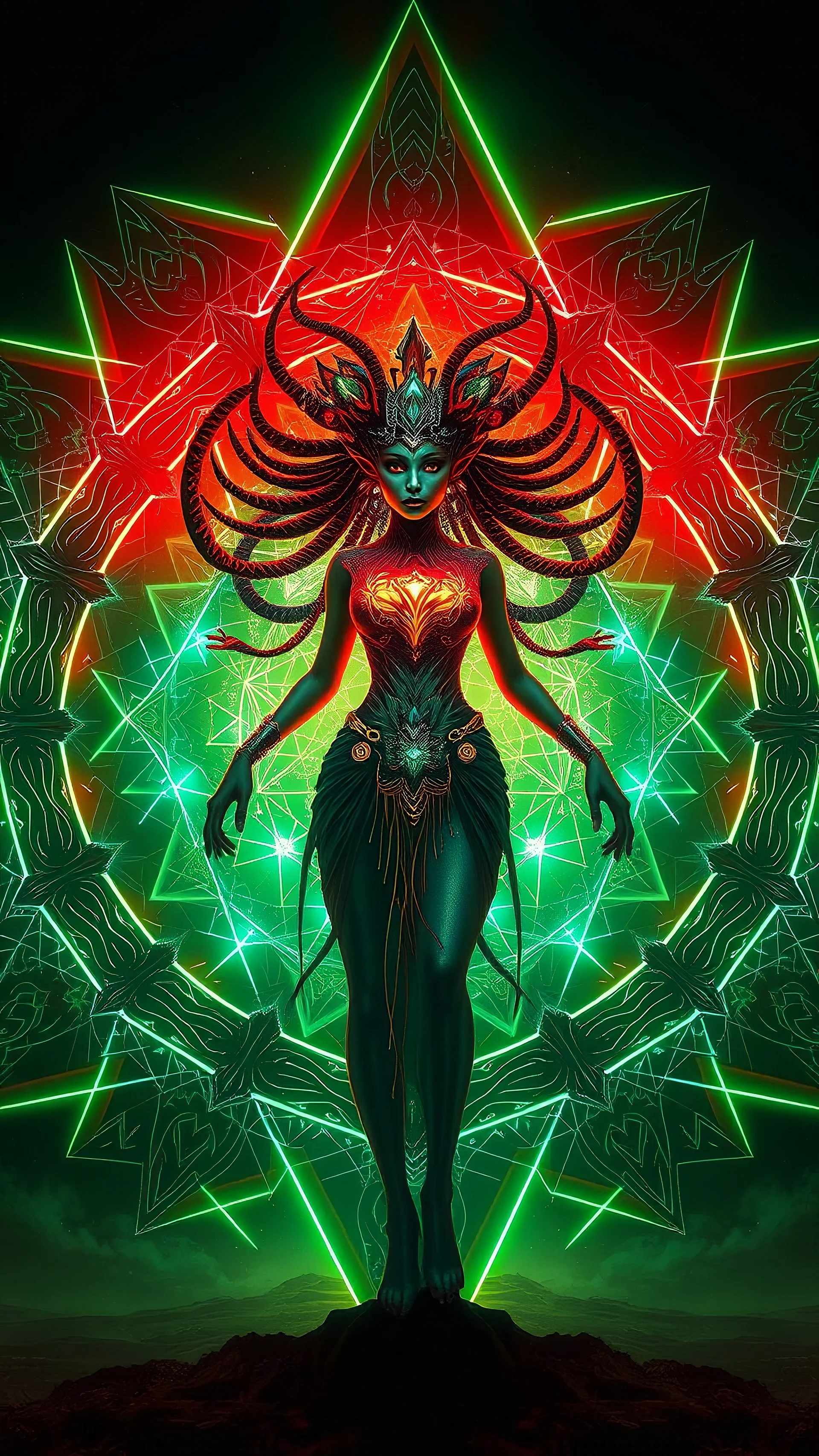 Sureal fantasy Dynamic pose natural javanese Beauty woman culture dance , in geometrical resembling glow world desert baground a green ,red,blue,light an intricate symmetrical geometric light design inspired by sacred geometry, featuring a futuristic, surreal, and highly detailed surreal creature in the center. Surround the main element with subtle, repeating tessellations in an intricate mosaic style. Several humanoid faces surround it. Create a highly realistic, ultra-detailed, ultra-HD image