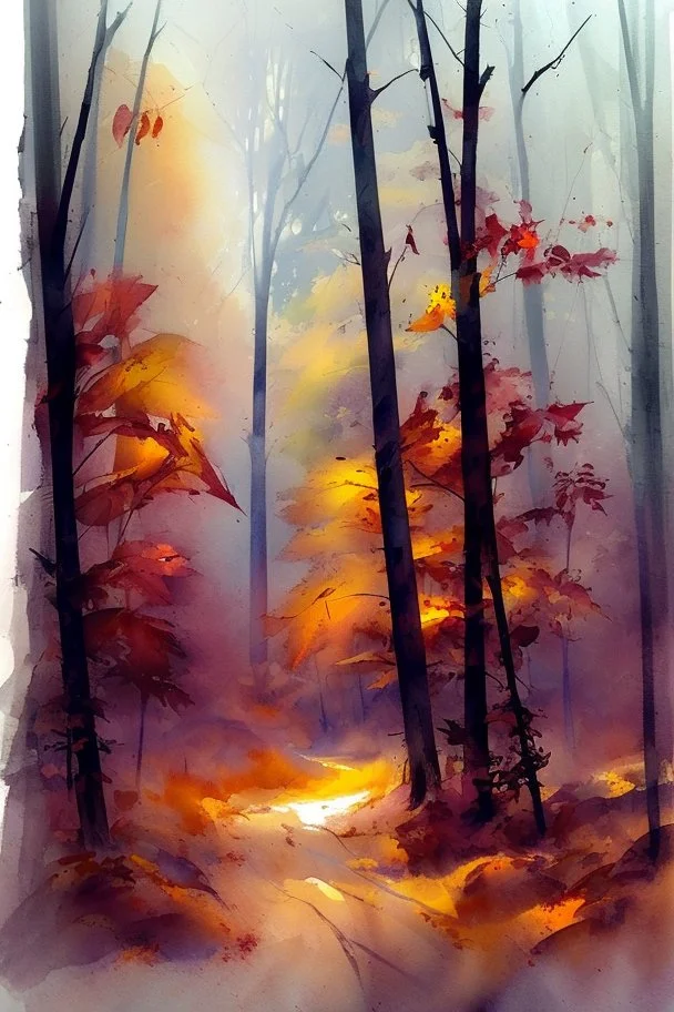 Autumn forest by Willem Haenraets, watercolor, on watercolor paper, wet on wet and splattering techniques, centered, perfect composition, abstraction, surrealism