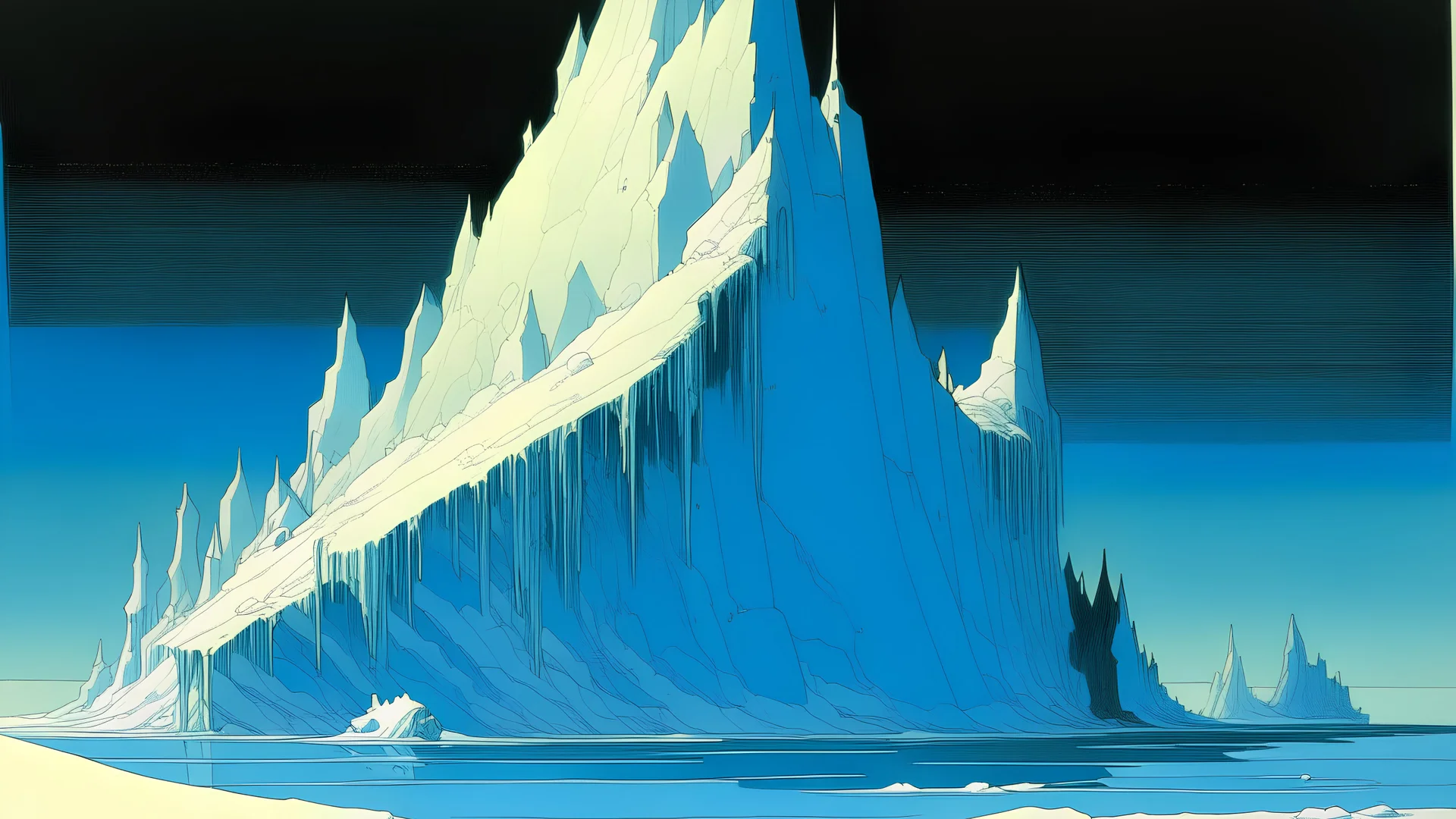A digital serigraphy by Moebius and Myazaki of an iceberg.