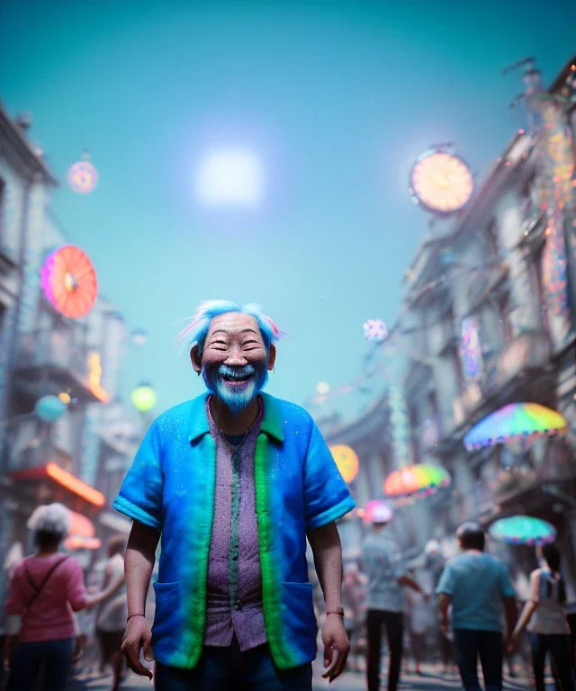 Ultra Realistic photo, medium shot view, drunken sweet happy old Asian man, carnival scene, monster hair, steampunk style. Blue hair, confeti, smile, happy, festival, ovnis, gradient color fog. highly detailed, concept art, unreal engine 5, ray tracing, RTX, lumen lighting, ultra detail, volumetric lighting, 3d, finely drawn, high definition, high resolution.