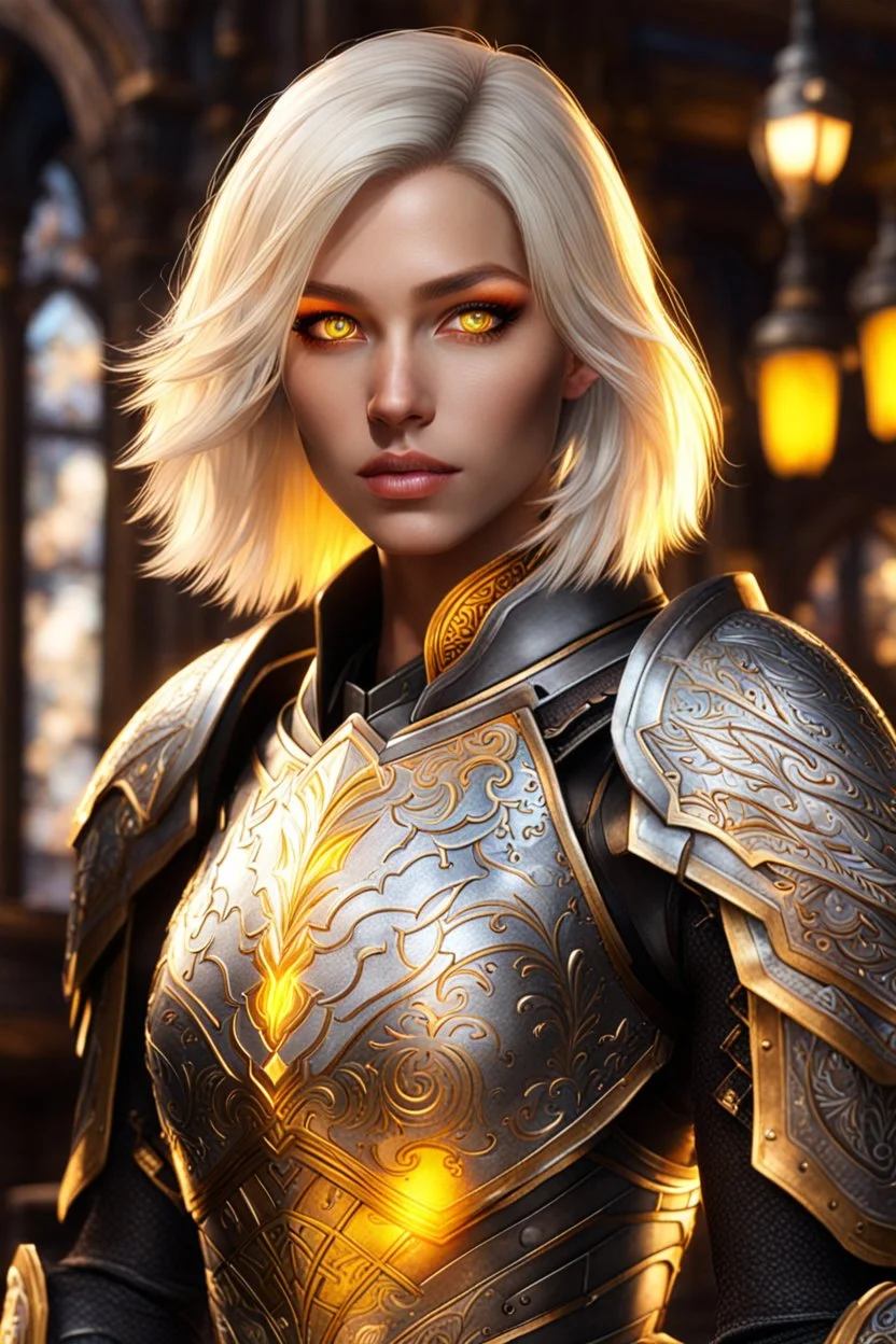 glowing yellow eyes, female paladin aasimar, platinum blonde bob hair, detailed ornamental armor, 8k, high detail,tavern background, facing viewer