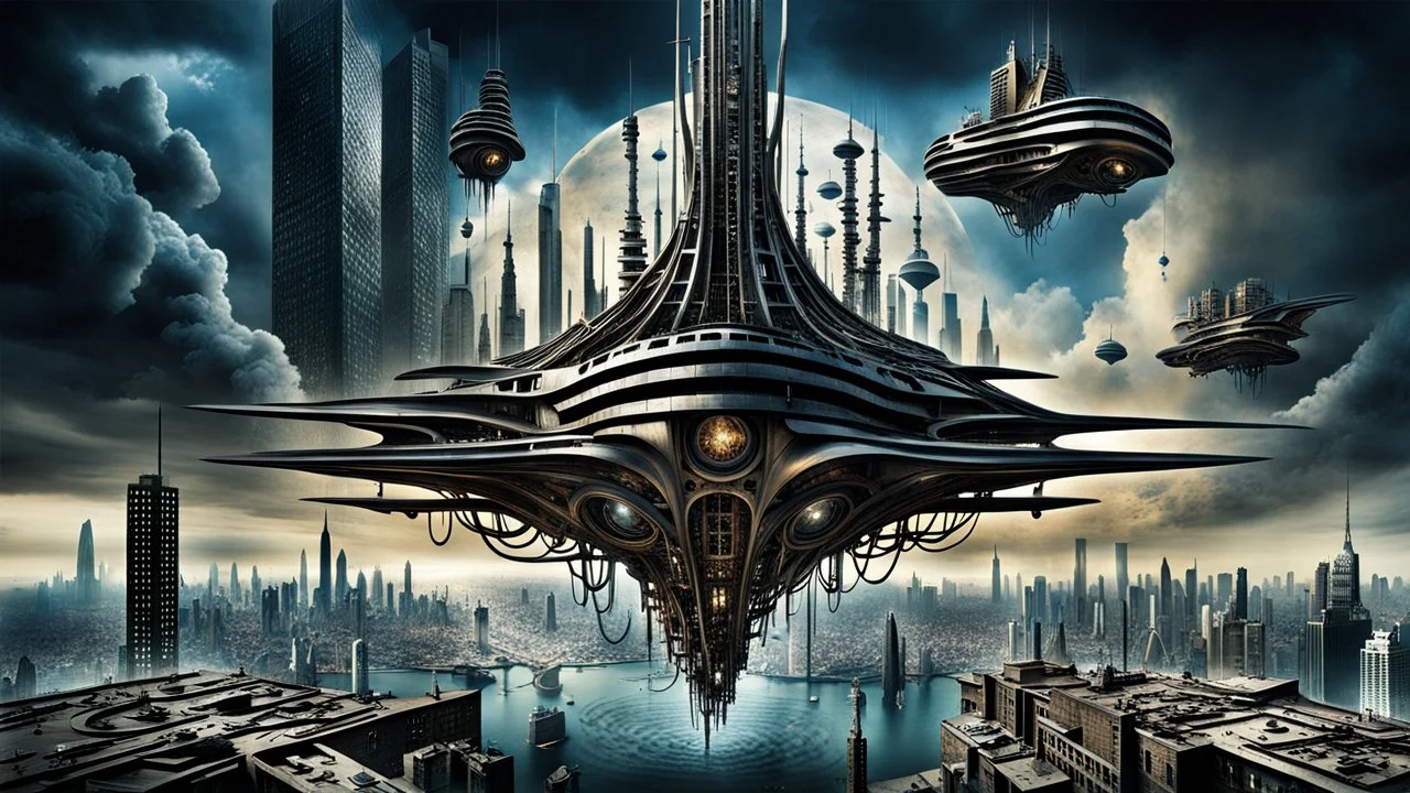a stunningly weird image of a futuristic giant dark floating tower metropolis using Salvador Dali's paranoiac-critical method, where buildings and structures appear to melt into the skyline cityscape is filled with floating mad, twisted sharp metal shapes that interact with the buildings and each other, forming a surreal tableau of a dreamlike reality. neu-steampunk vibe, essence of the scene in a cinematic manner, with dramatic shadows that enhance the distorted perspectives and bizarre