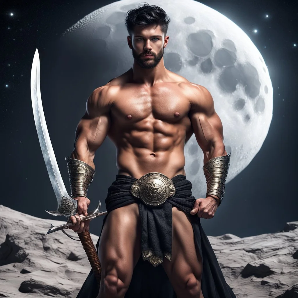 Hyper Realistic Shirtless Muscular Young Handsome king with beard & short black hair on moon with his sword in outer space